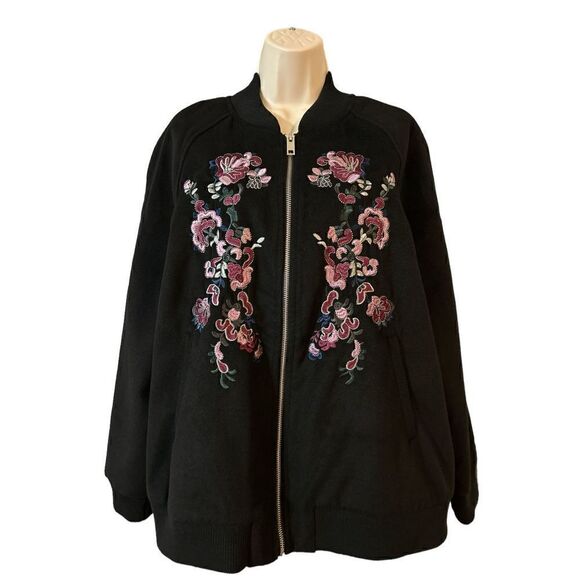 Roman's Women’s Black Floral Embroidered Bomber Zip-Up Jacket Size Medium 14/16 - Picture 3 of 10